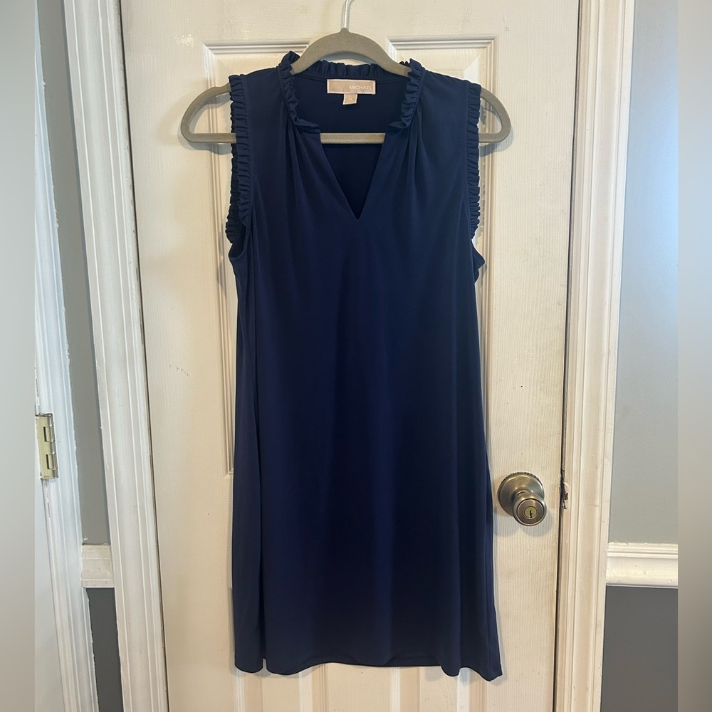 Michael Kors Navy Ruffled V-Neck Dress